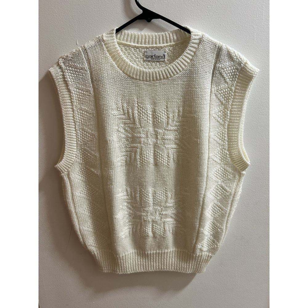 Vintage Garland White Knit Sweater Vest Snowflake Pattern Sleeveless Crew Neck M